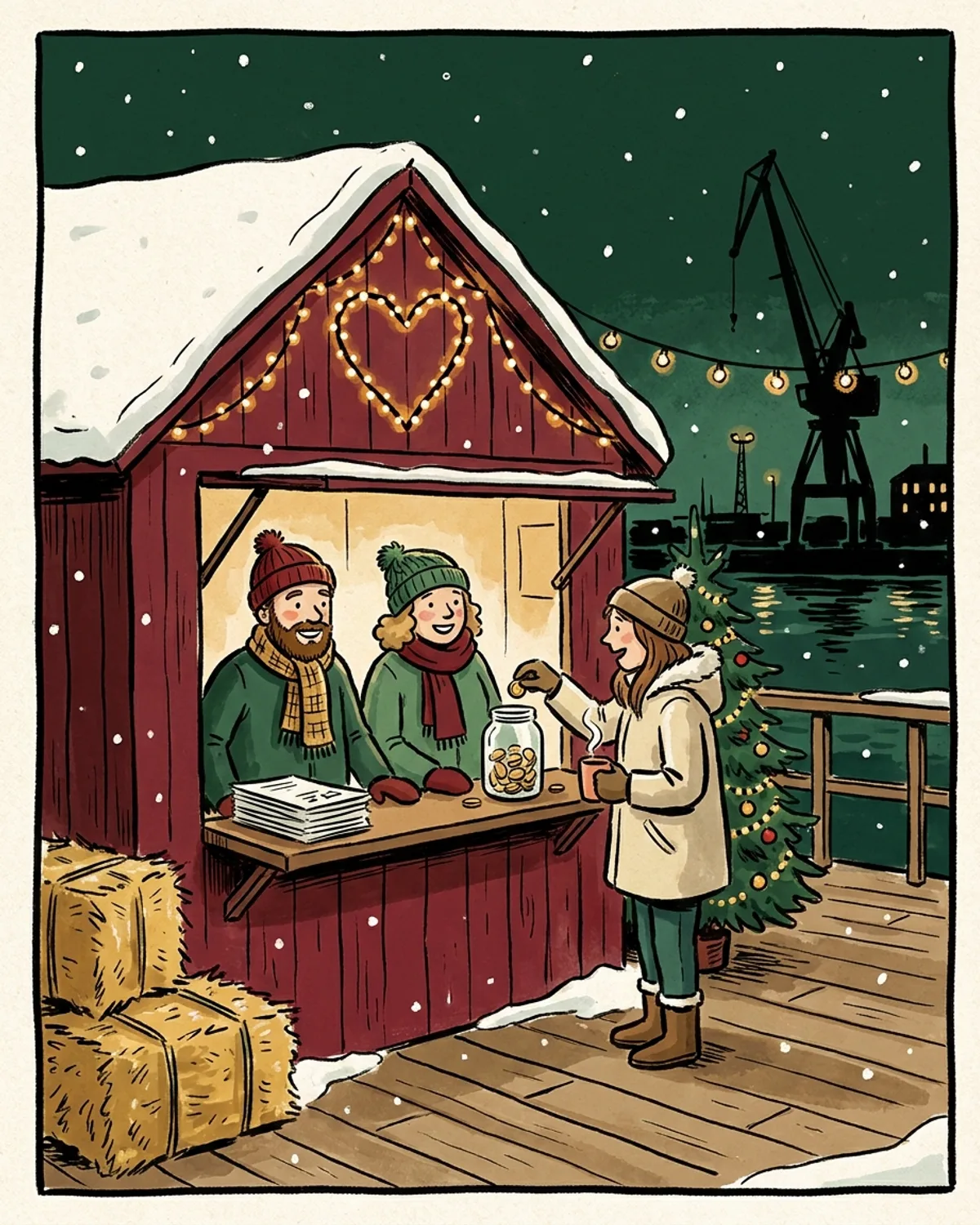 Illustration: die Charity-Hütte am Abend auf dem Weihnachtsmarkt, mit Lichterherz, Spendenglas und Hafen im Hintergrund